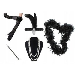 ZESTAW DAMSKI KOSTIUM LATA 20 OPASKA PERŁY CYGARETKA BOA RĘKAWICZKI TRC