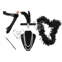 ZESTAW DAMSKI KOSTIUM LATA 20 OPASKA PERŁY CYGARETKA BOA RĘKAWICZKI TRC