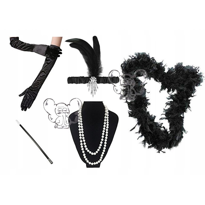 ZESTAW DAMSKI KOSTIUM LATA 20 OPASKA PERŁY CYGARETKA BOA RĘKAWICZKI TRC