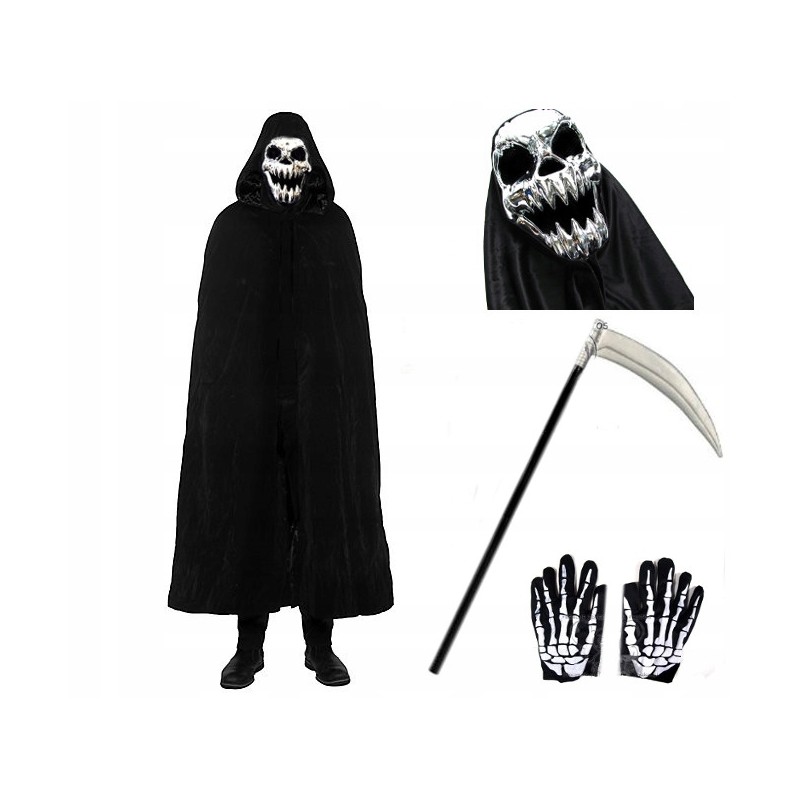 KOSTIUM ŚMIERCI PELERYNA KOSA MASKA RĘKAWICZKI HALLOWEEN 4EL