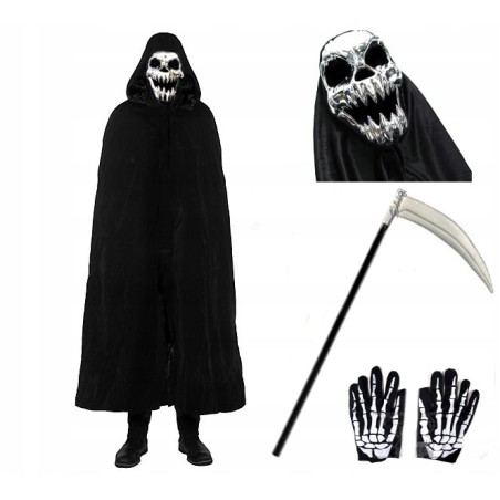 KOSTIUM ŚMIERCI PELERYNA KOSA MASKA RĘKAWICZKI HALLOWEEN 4EL