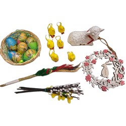 zestaw ozdób wielkanoc 23el baranek kurczaki ornament pisanki bazie palma
