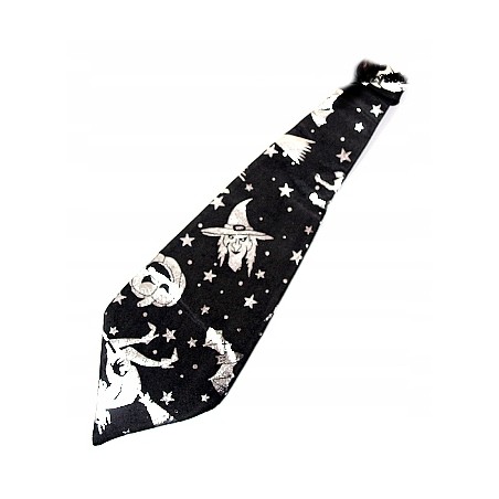 KRAWAT SATYNOWY HALLOWEEN SREBRNE CZAROWONICE KOTY