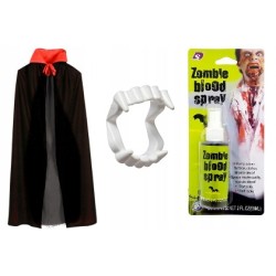 STRÓJ WAMPIRA PELERYNA + ZĘBY + KREW HALLOWEEN kołnierz 115 CM