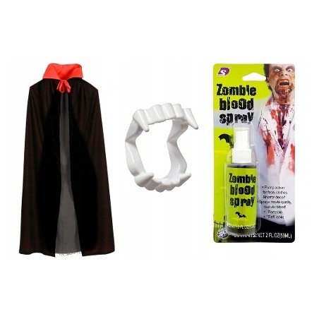 STRÓJ WAMPIRA PELERYNA + ZĘBY + KREW HALLOWEEN kołnierz 115 CM