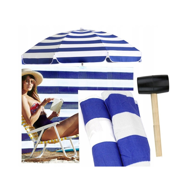 MEGA PARASOL PLAŻOWY 160CM + PARAWAN 12M + MŁOTEK