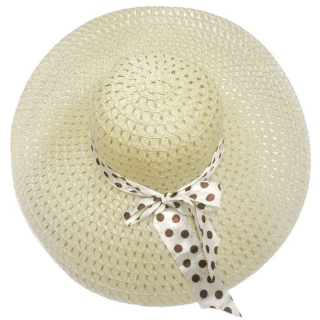 KAPELUSZ damski letni plaża duże rondo grochy ecru z gumką