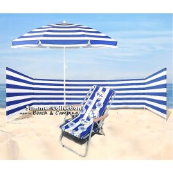 PARAWAN 12M + PARASOL 160cm + leżak drewno + MŁOTEK granatowe pasy