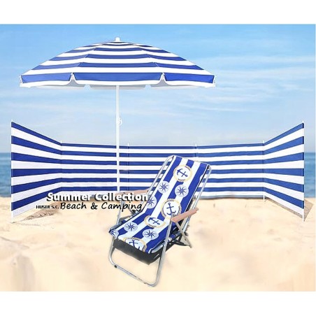 PARAWAN 12M + PARASOL 160cm + leżak drewno + MŁOTEK granatowe pasy