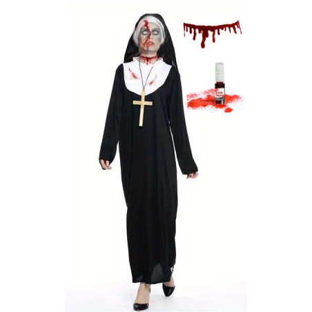 Kostium zakrwiawiona zakonnica halloween +naszyjnik +krzyż +krew spay 5el
