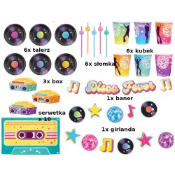 zestaw retro disco party lata 80te 33szt talerze kubki słomki girlandy serwetki pojemni