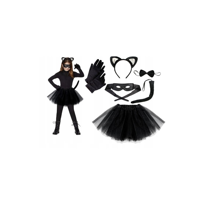 KOSTIUM KOTA USZY OGON RĘKAWICZKI MASKA SPÓDNICA B