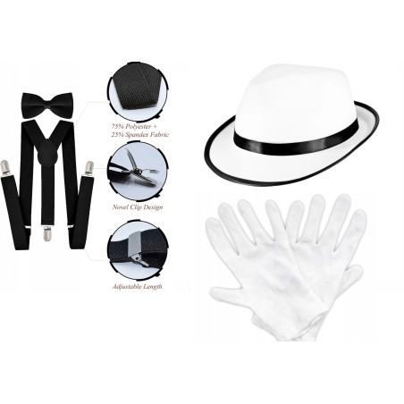 KOSTIUM GANGSTER RETRO LATA 20 MUSZKA SZELKI KAPELUSZ biały rękawiczki