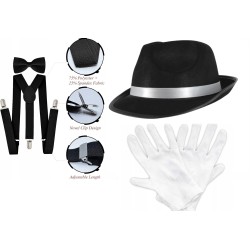 KOSTIUM GANGSTER RETRO LATA 20 MUSZKA SZELKI KAPELUSZ czarny rękawiczki
