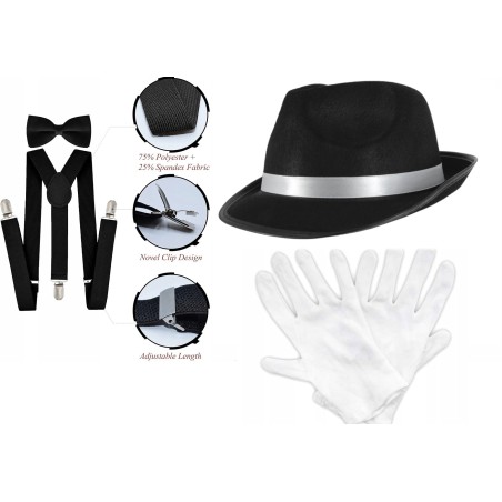 KOSTIUM GANGSTER RETRO LATA 20 MUSZKA SZELKI KAPELUSZ czarny rękawiczki