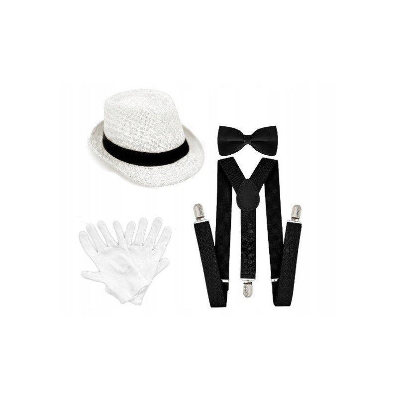 KOSTIUM GANGSTER RETRO LATA 20 MUSZKA SZELKI KAPELUSZ rękawiczki