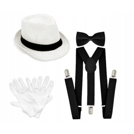 KOSTIUM GANGSTER RETRO LATA 20 MUSZKA SZELKI KAPELUSZ rękawiczki