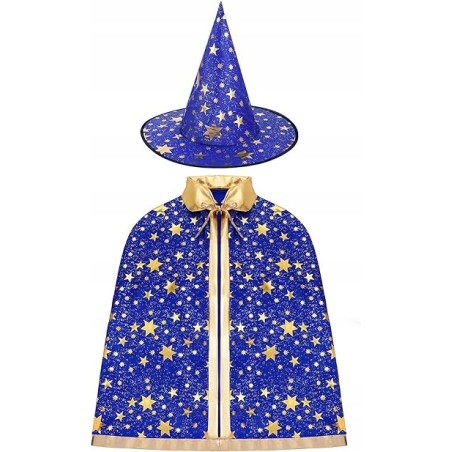 strój CZAROWNICY MAGIK CZARODZIEJA MAG NIEBIESKI 85 CM GWIAZDY ZŁOTE
