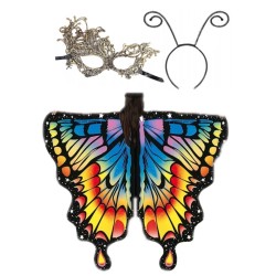 KOSTIUM STRÓJ MOTYLA MOTYL żół nieb 135x110 maska złota opaska czułki