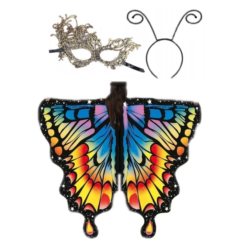 KOSTIUM STRÓJ MOTYLA MOTYL żół nieb 135x110 maska złota opaska czułki