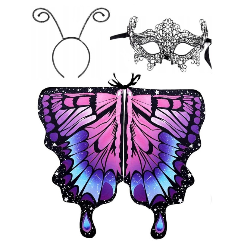 KOSTIUM STRÓJ MOTYLA MOTYL róż nieb 135x110 maska koronka opaska czułki