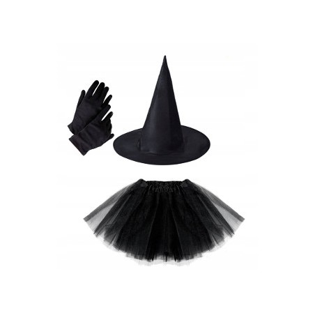 KOSTIUM CZAROWNICY 3EL CZARNA 40CM kapelusz spódniczka rękawiczki HALLOWEEN