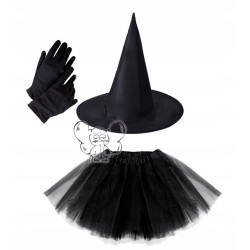 KOSTIUM CZAROWNICY 3EL CZARNA 40CM kapelusz spódniczka rękawiczki HALLOWEEN
