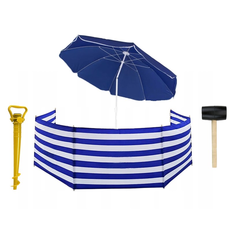 PARASOL PLAŻOWY granat 160CM + PARAWAN 8M navy MŁOTEK UCHWYT