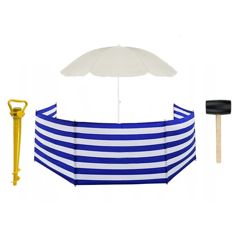 PARASOL PLAŻOWY jasny beż 140CM + PARAWAN 8M navy MŁOTEK UCHWYT