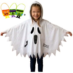 peleryna BIAŁA z kapturem "boo" duch, halloween świeci 110-116 M + KOSZYK