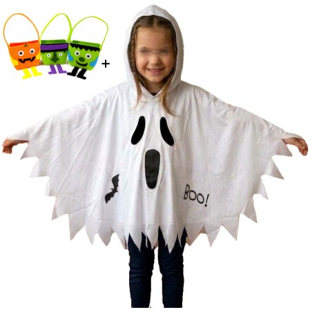 peleryna BIAŁA z kapturem "boo" duch, halloween świeci 110-116 M + KOSZYK