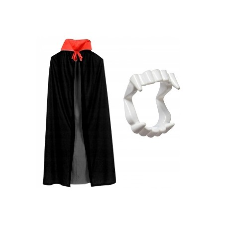 STRÓJ WAMPIRA PELERYNA + ZĘBY HALLOWEEN kołnierz 115 CM