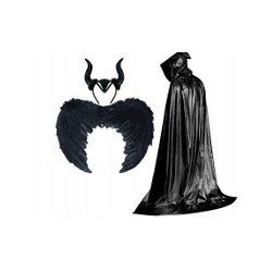 KOSTIUM MALEFICENT DIABOLINA CZAROWNICA ROGI SKRZYDŁA PELERYNA BŁYSZCZĄCA
