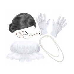 STRÓJ BABCI PERUKA OKULARY PERŁY RĘKAWICZKI CZEPEK