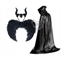 KOSTIUM MALEFICENT DIABOLINA CZAROWNICA ROGI SKRZYDŁA PELERYNA BŁYSZCZĄCA
