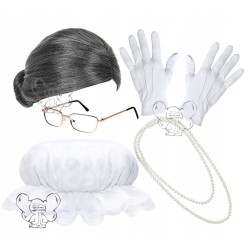 STRÓJ BABCI PERUKA OKULARY PERŁY RĘKAWICZKI CZEPEK