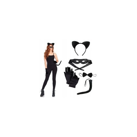 KOSTIUM CATWOMAN KOTA USZY OGON RĘKAWICZKI MASKA