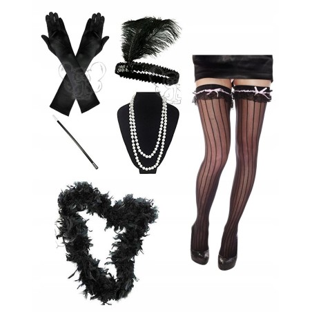 zestaw retro opaska pończochy boa cygaretka rękawiczki perły lata 20 te