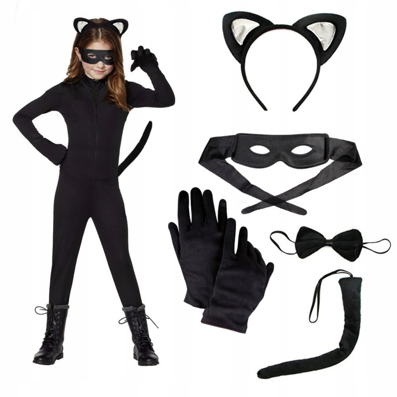 KOSTIUM CZARNY KOT KOTA opaska USZY dwustronne OGON RĘKAWICZKI MASKA