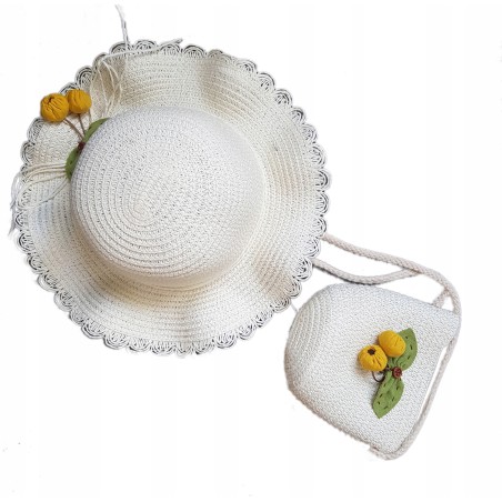 KAPELUSZ Z TOREBKĄ SŁOMIANY KWIATKI 54 biały